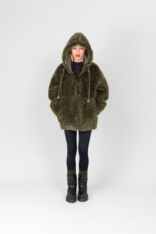 Faux Fur Bomber in Khaki