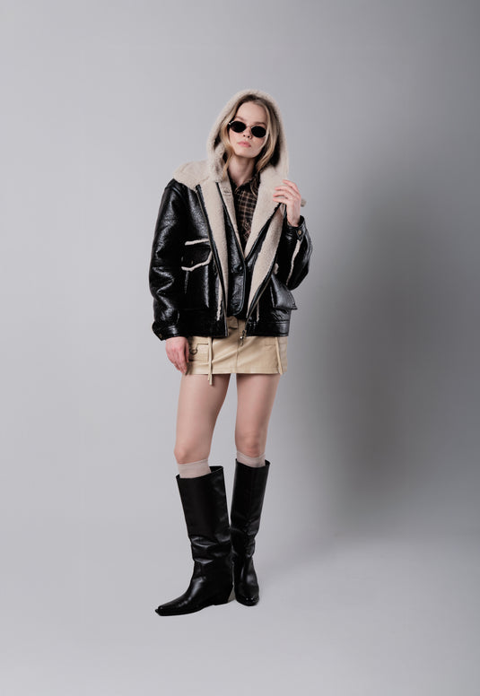 Hooded Aviator in Dark Brown/Cream