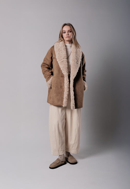 Faux Shearling Coat in Caramel/Cream