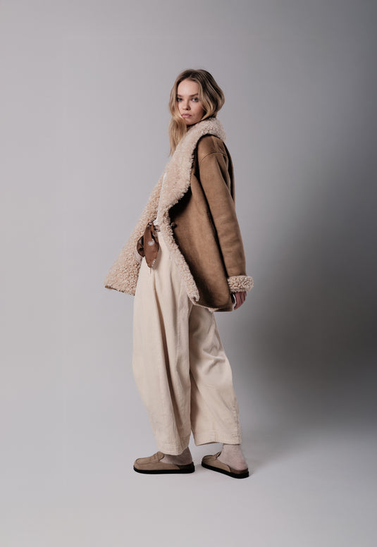 Faux Shearling Coat in Caramel/Cream