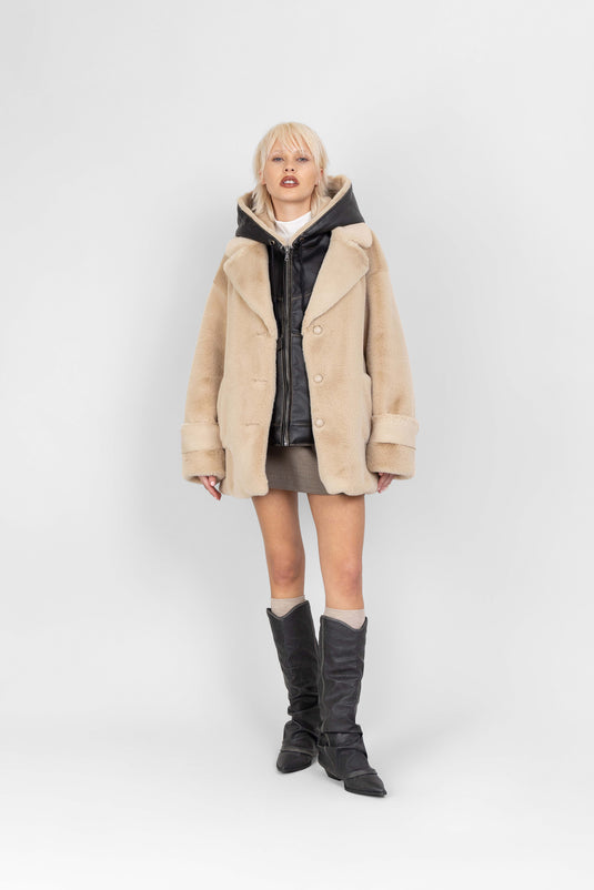 Faux Fur Coat in Biscuit