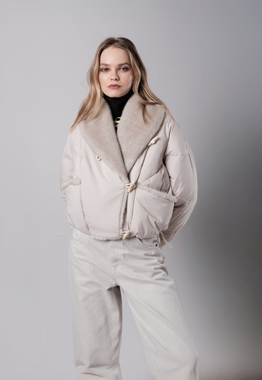 Asymmetric Puffer Jacket in Cream