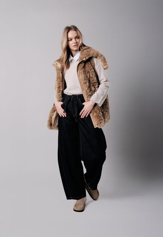 Alpaca Bonded Fur Gilet Parka in Caramel