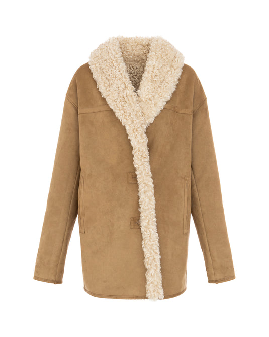 Faux Shearling Coat in Caramel/Cream